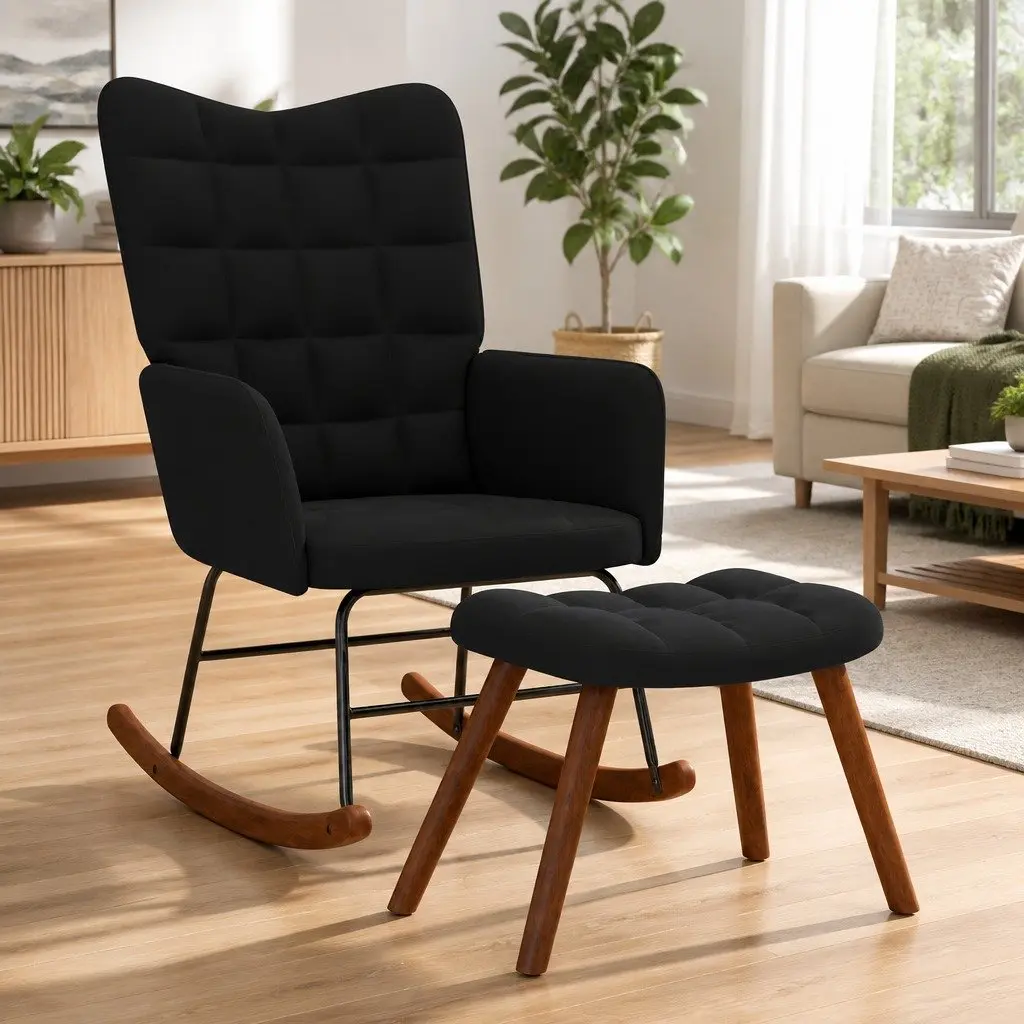 Rocking Chair with Stool Black Velvet Armchair Footstool Lounge Chair Recliner