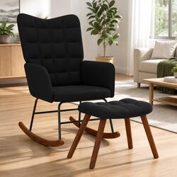 Rocking Chair with Footstool Black Velvet Fabric Armchair Lounge Seat Padded