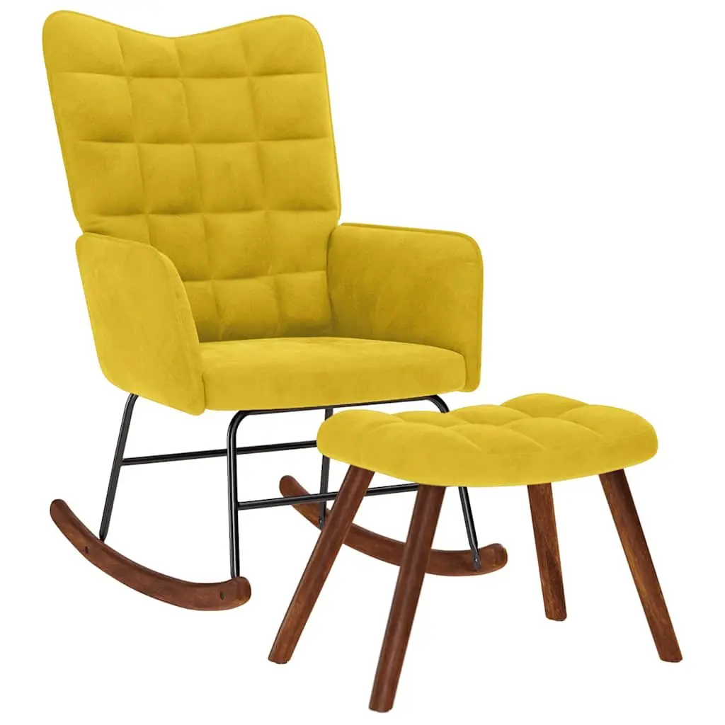 Rocking Chair Yellow Velvet Padded Seat Backrest with Stool