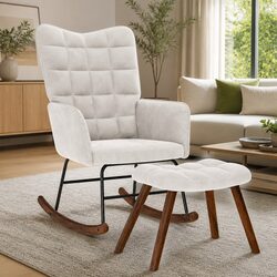 Compact Cream Velvet Rocking Chair with Stool