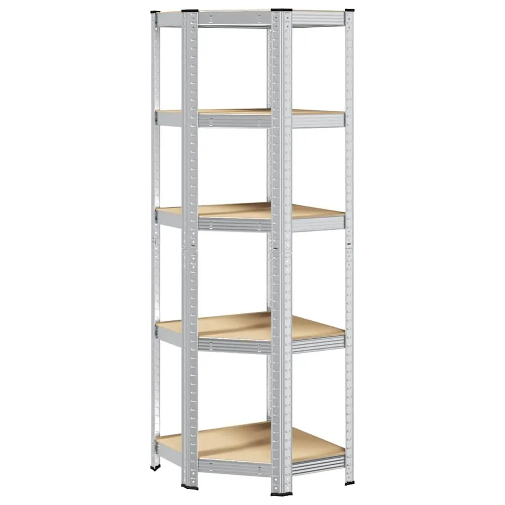 5-Layer Corner Shelf Silver Steel Frame Engineered Wood Height-Adjustable