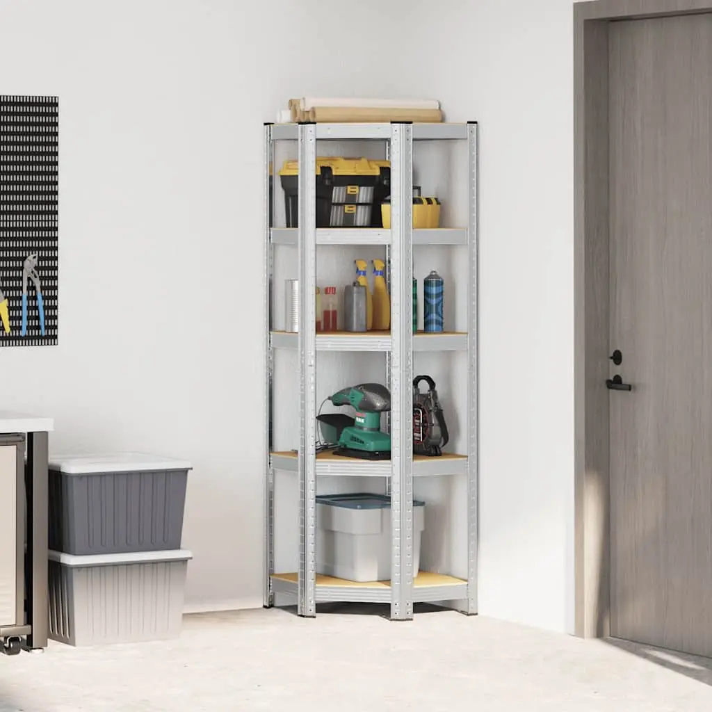 5-Layer Corner Shelf Silver Steel Frame Engineered Wood Height-Adjustable