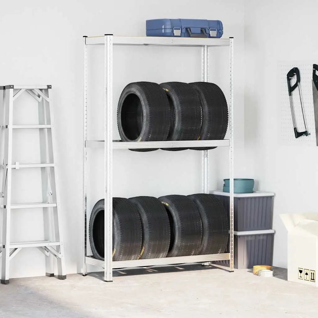 2-Layer Tyre Shelf Silver Steel Height Adjustable Durable Storage Rack