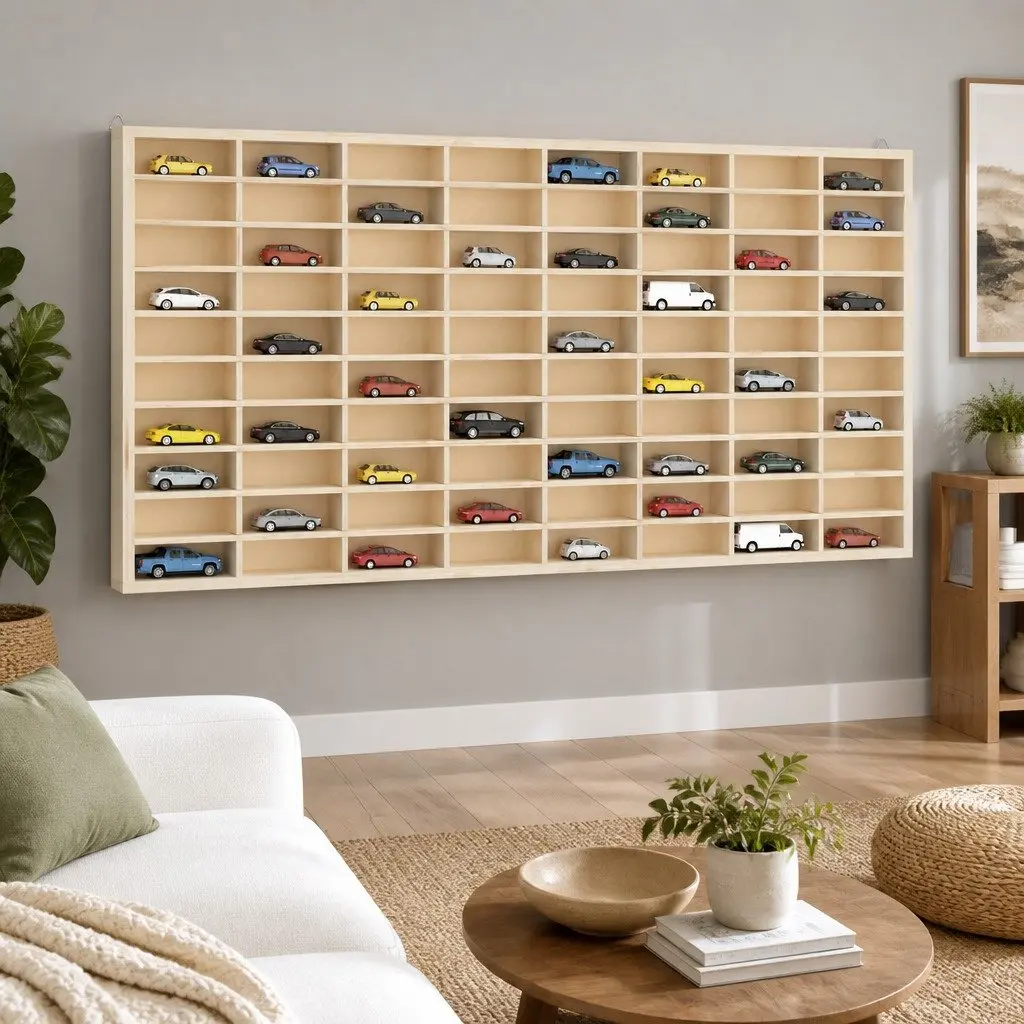 Wooden Wall Mounted Display Case Brown 80 Compartments Organiser