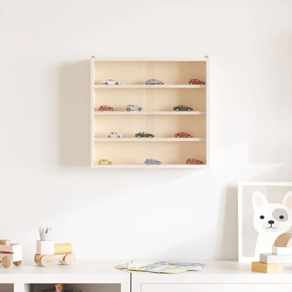 Wooden Display Cabinet Brown Wall Mounted 4 Shelves Transparent Doors