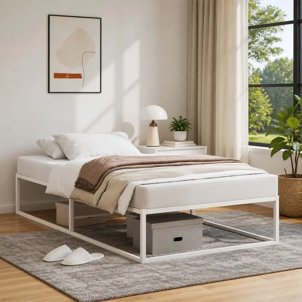Metal Bed Frame White 92x187 cm Slatted Base Under-bed Storage Space
