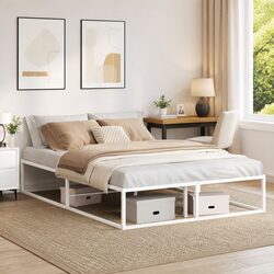 Double Metal Bed Frame White 137x187 cm Slatted Base Storage Bedroom Furniture