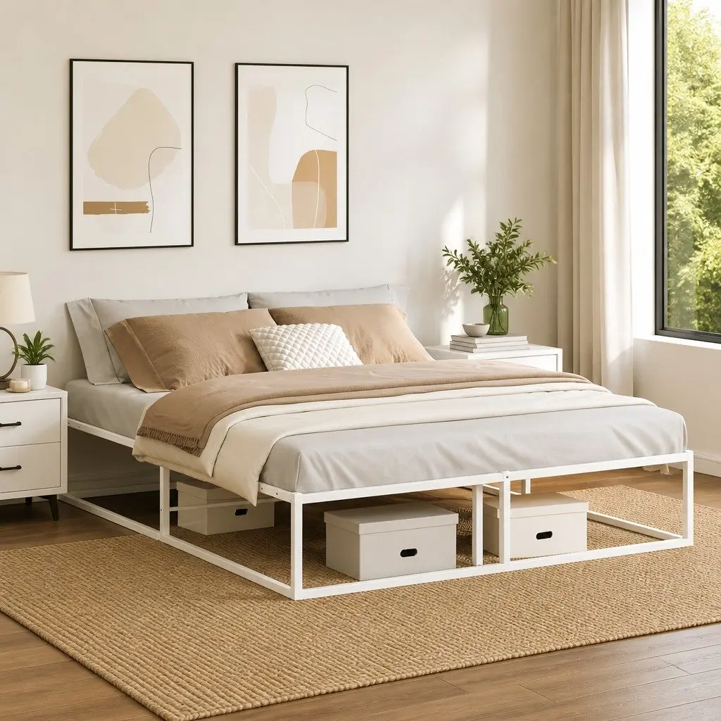 Metal Bed Frame White 153x203 cm Slatted Base Under-bed Storage
