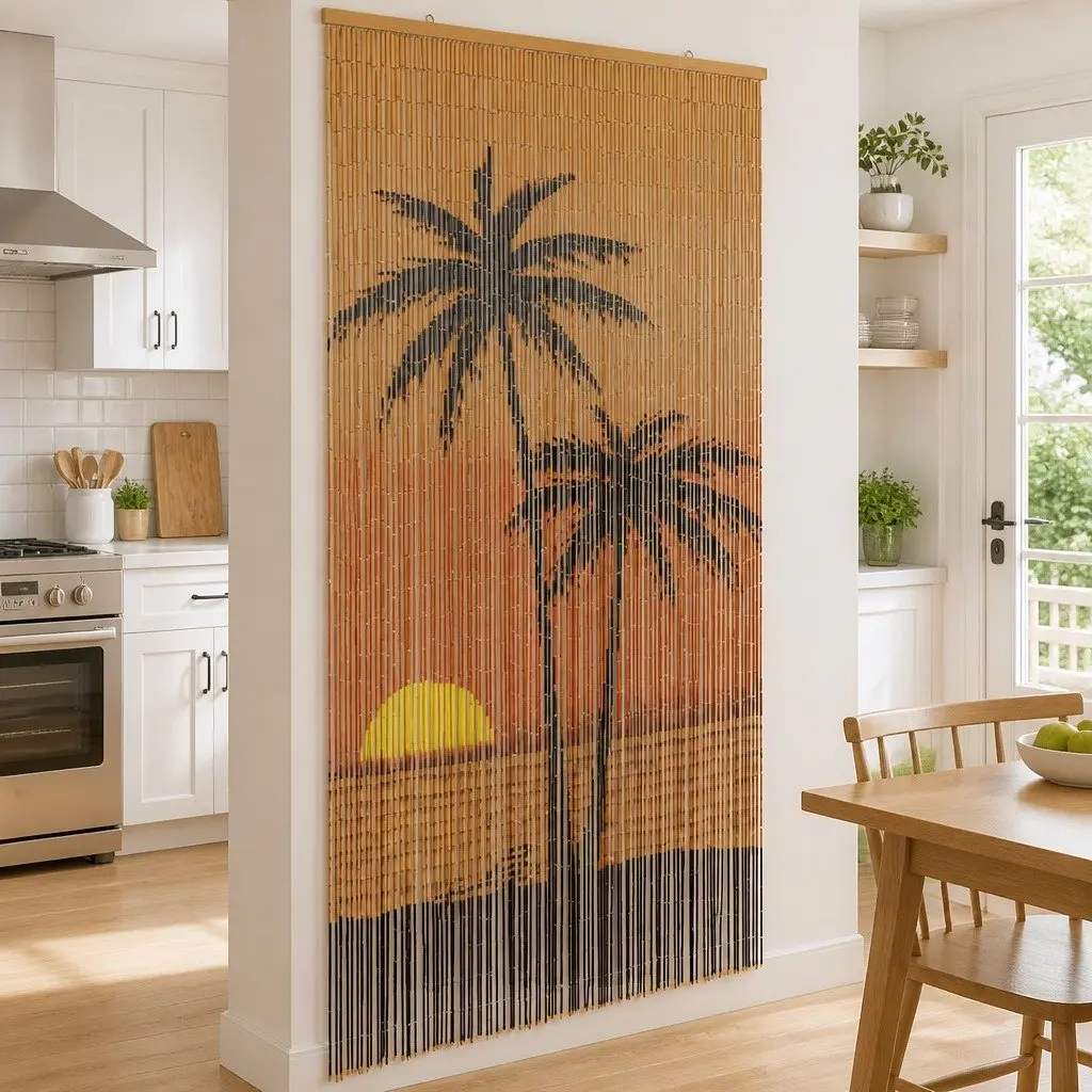 Insect Door Curtain Multicolour 100x200 cm Double-Sided Palm Tree Print Fly Screen Room Divider