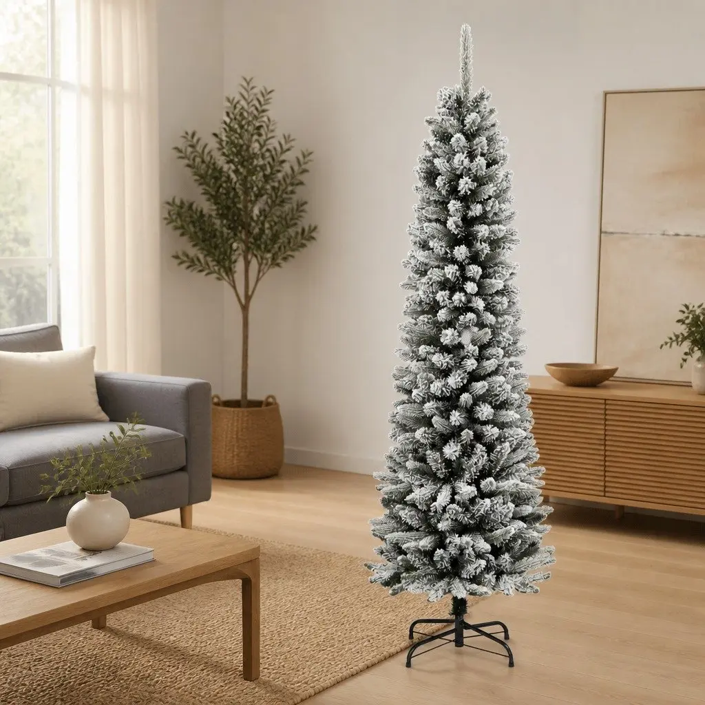 Artificial Slim Christmas Tree 210cm Flocked Snow White PVC PE Holiday Decor