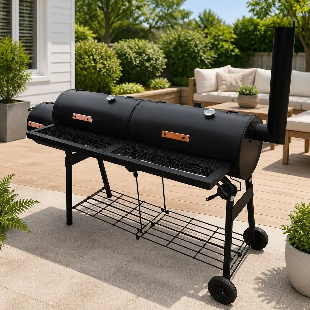 Smoker BBQ Black XL Offset Smoker Grill Outdoor Charcoal Fire Box