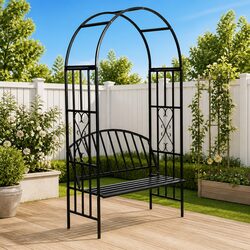 Black Garden Arch with Integrated Bench