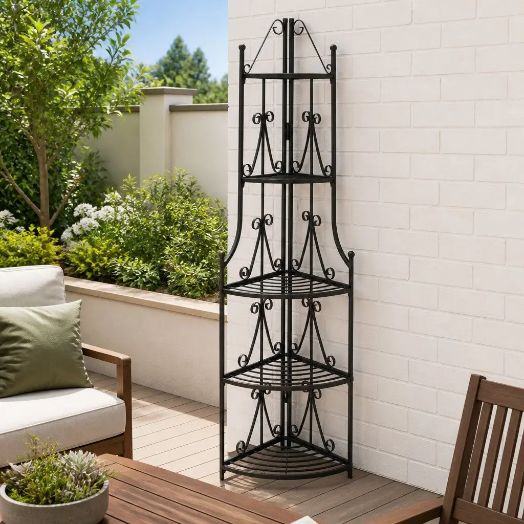 5-Tier Plant Rack Black Corner Display Stand for Garden Patio with Rose Pattern