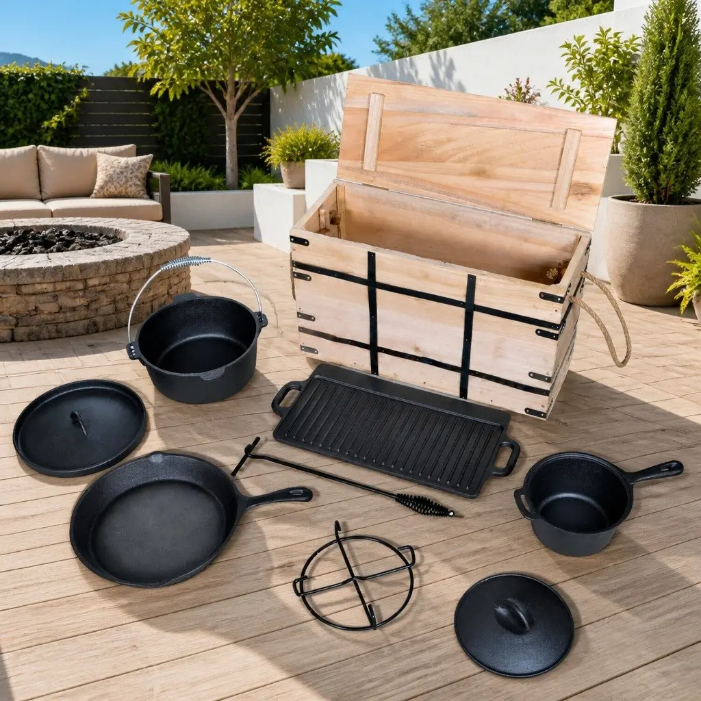 Dutch Oven Set 9pcs Black Cookware Grill Pan Picnic Outdoor BBQ Camping Tools