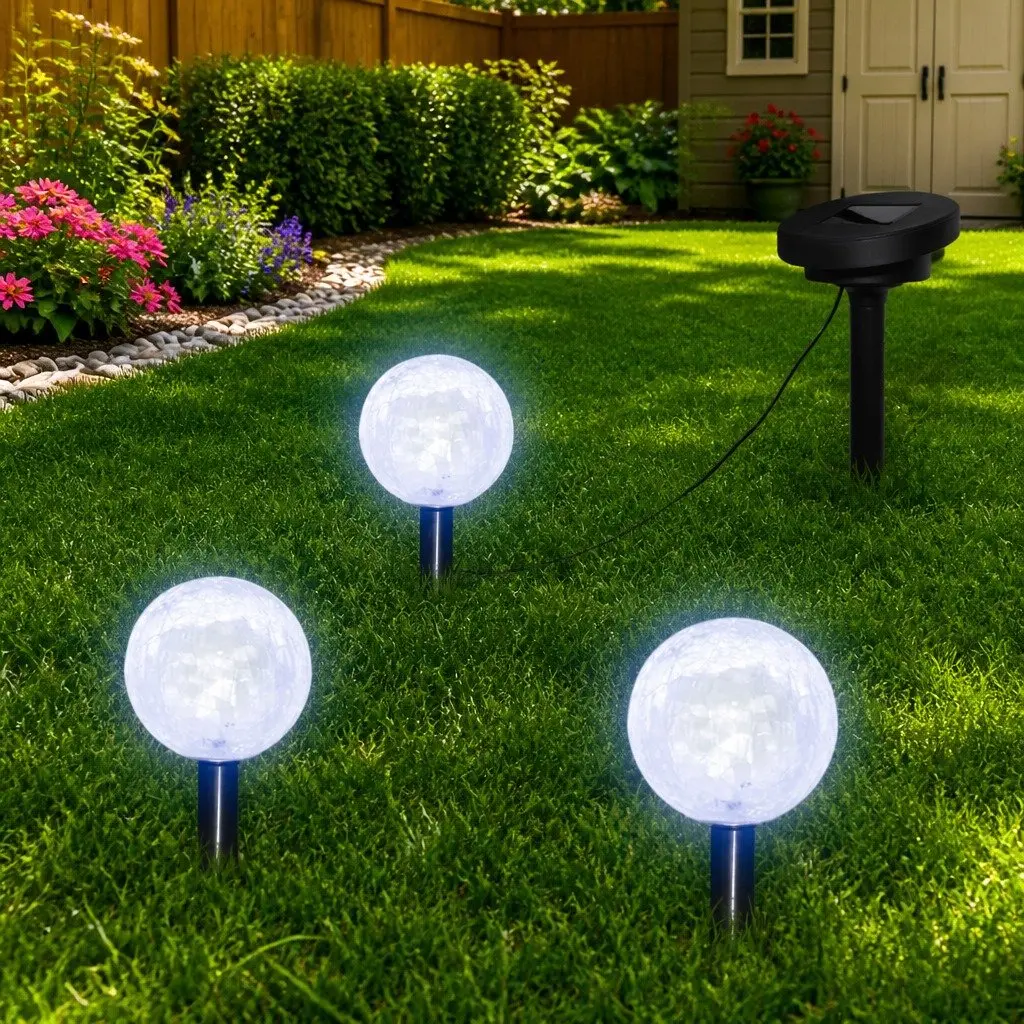 Solar LED Ball Garden Lights White 3 Piece Automatic On Off Solar Powered with Ground Spikes