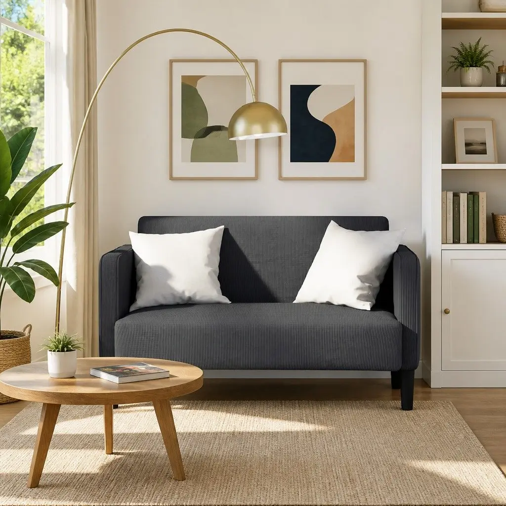 Loveseat Sofa Grey 109cm Compact Corduroy Fabric Two Seater Couch