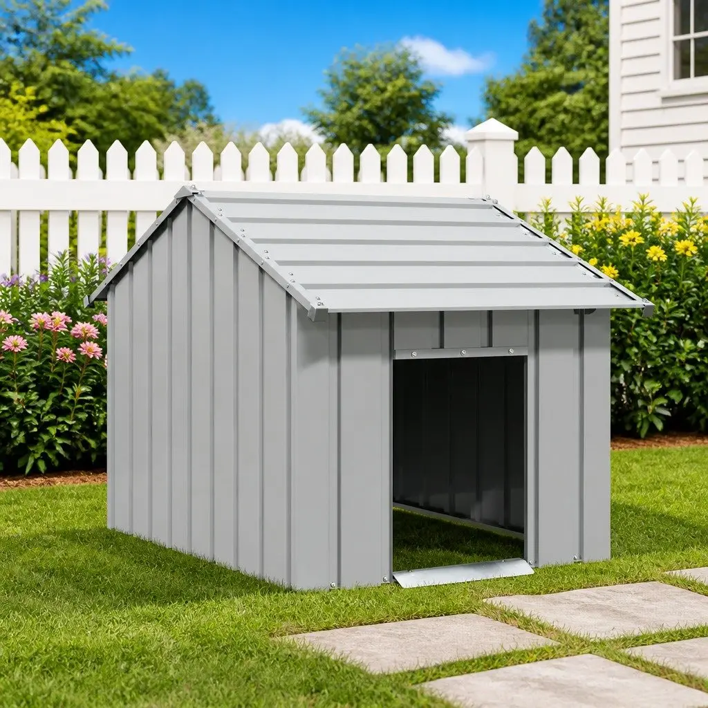 Dog Kennel Grey Galvanised Steel Outdoor Shelter with Roof