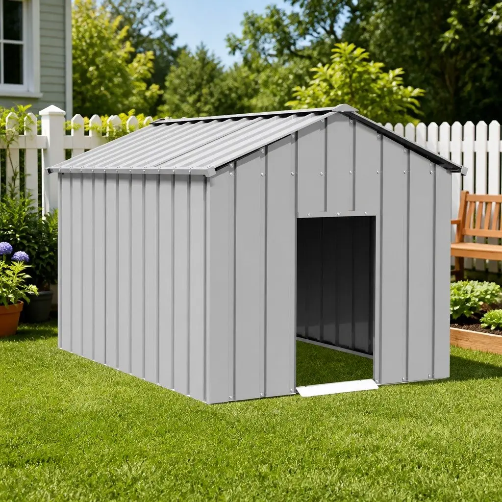 Dog House Grey Galvanised Steel Outdoor Pet Shelter with Roof