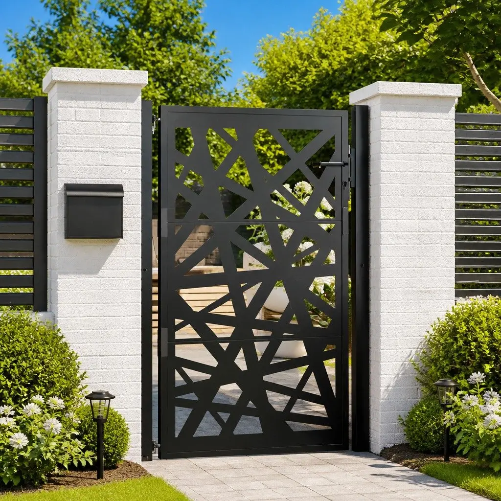 Garden Gate Black 100x150cm Steel Laser-Cut Design Lockable Entrance Patio Fence