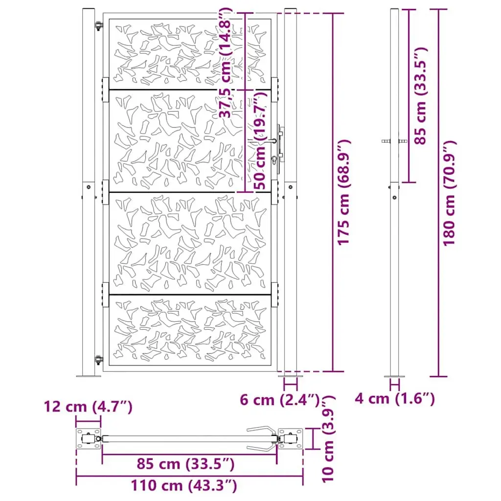 Garden Gate Black Steel Laser-Cut Design 100x175cm Lockable Outdoor Entrance