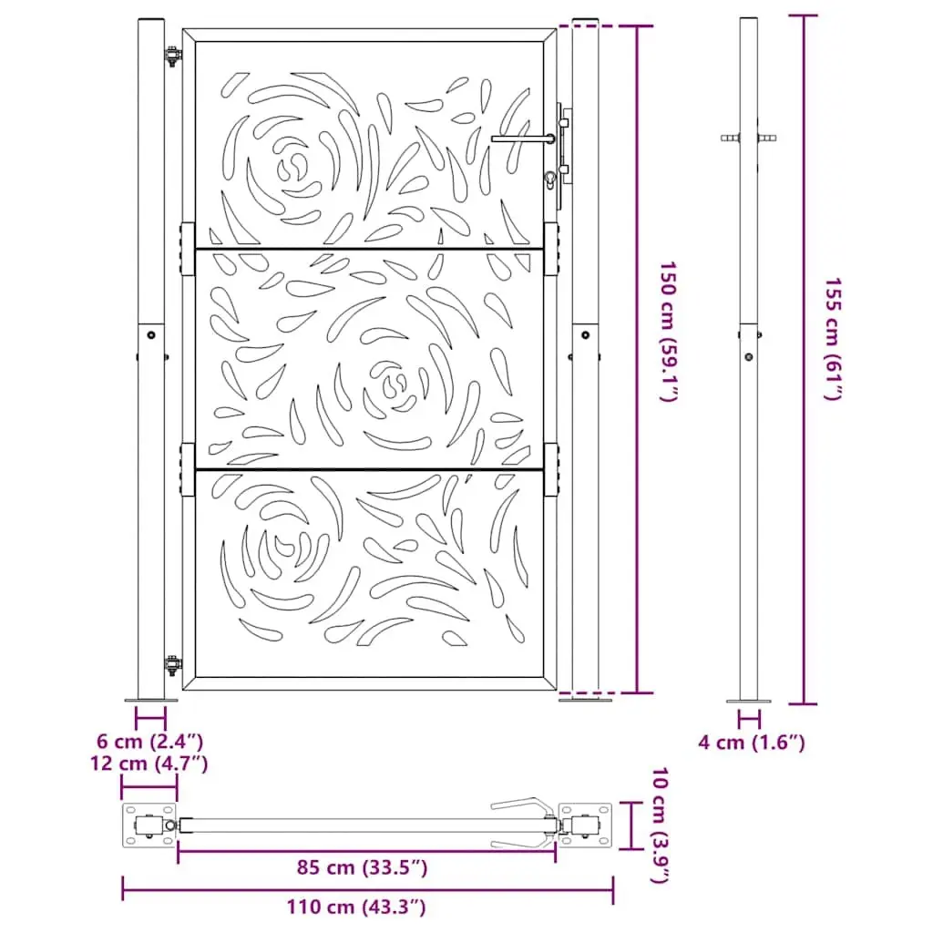 Garden Gate Steel Black Laser-Cut Design Lockable Fence Entry 100x150cm