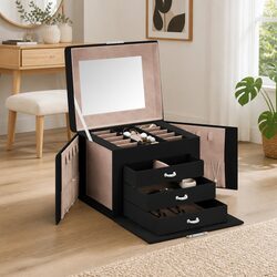 Black Jewellery Box 4-Layer Organiser with Mirror and Lock Handle