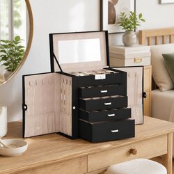 Jewellery Box 5-Layer with Mirror Lockable Black Organiser Storage Holder