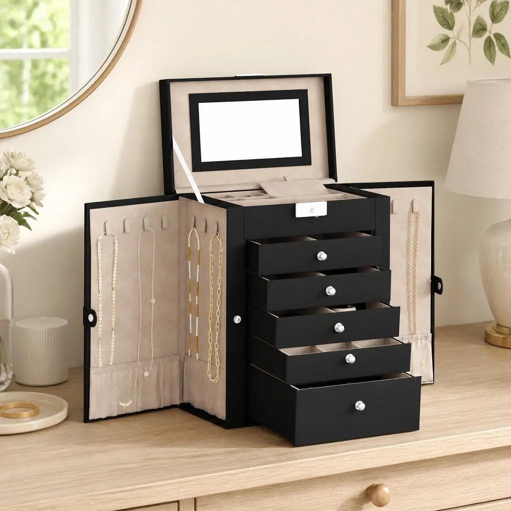Jewellery Box Black 6-Layer Organiser with Mirror Lockable Storage Case
