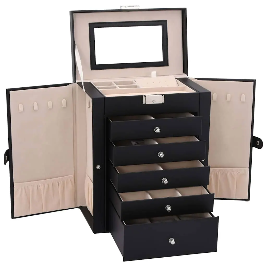 Jewellery Box Black 6-Layer Organiser with Mirror Lockable Storage Case