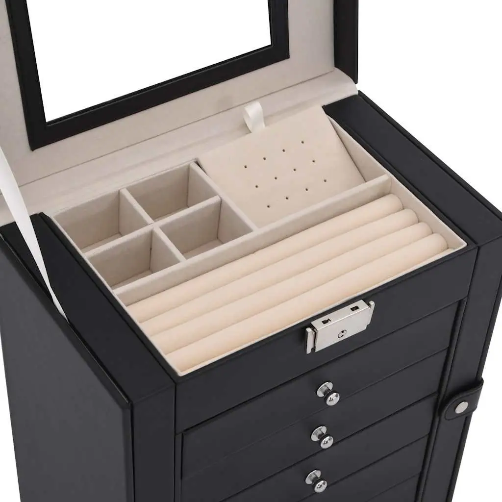 Jewellery Box Black 6-Layer Organiser with Mirror Lockable Storage Case
