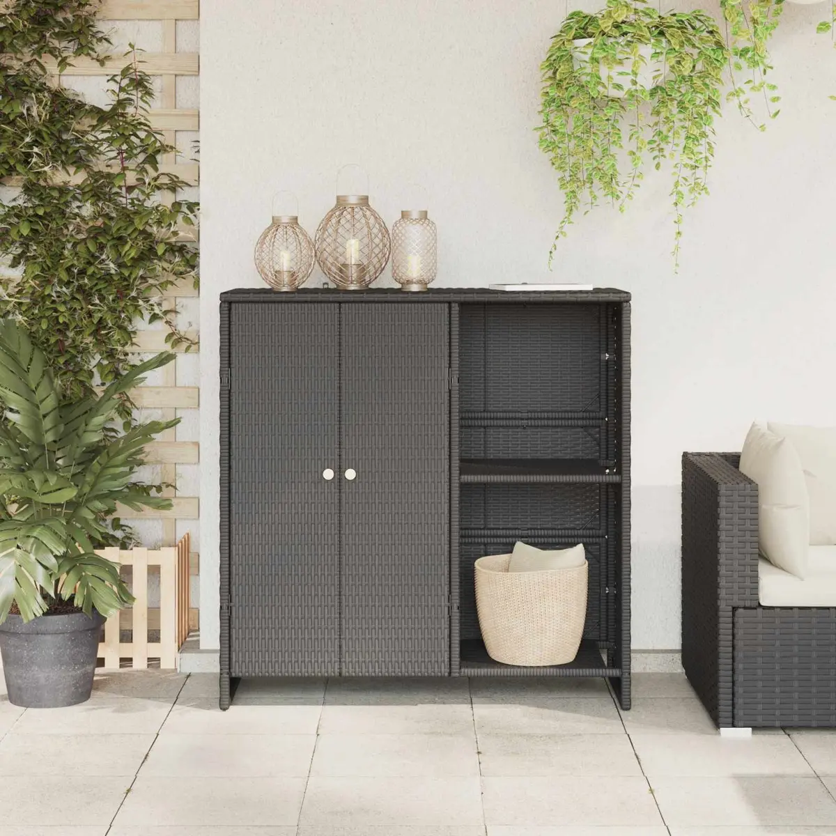Storage Cabinet Black Rattan Rectangular Adjustable Shelves Modern Living Room Organizer