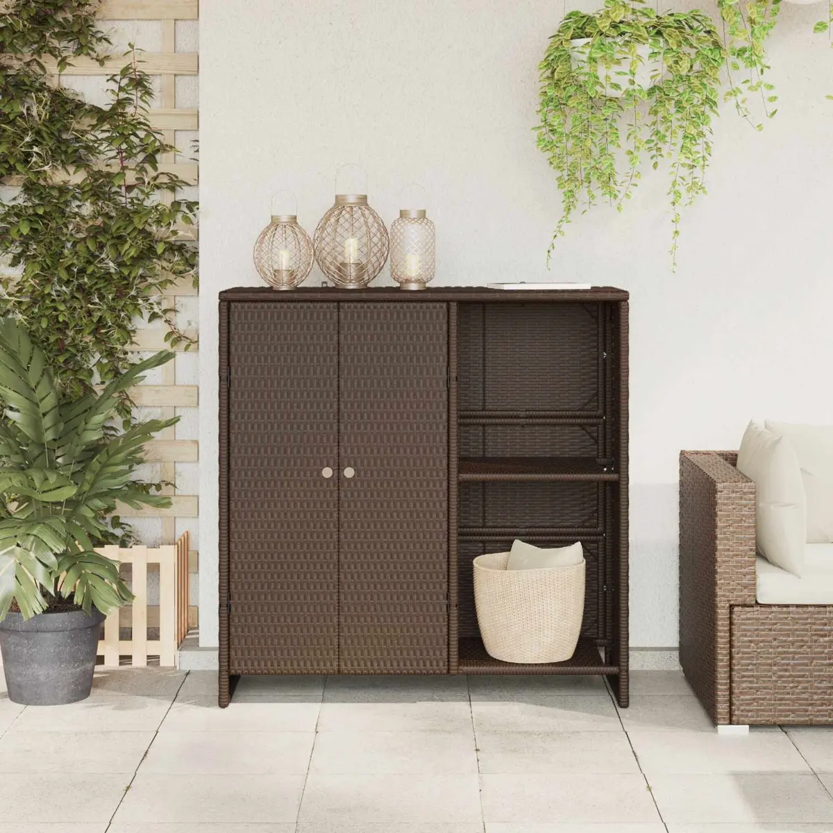 Rattan Storage Cabinet Brown Rectangular Adjustable Shelves for Living Room Furniture