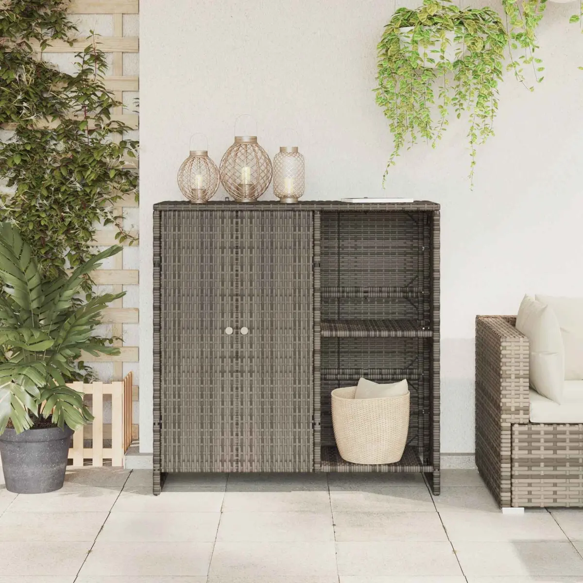 Storage Cabinet Grey Rattan Rectangular Adjustable Shelves 100x36x102cm