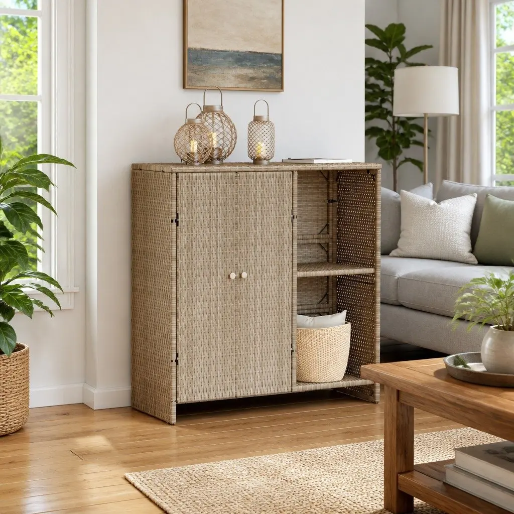 Beige Storage Cabinet with Rattan Shelves