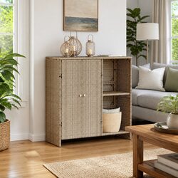 Storage Cabinet with Shelf Rattan Beige Rectangular Living Room Furniture