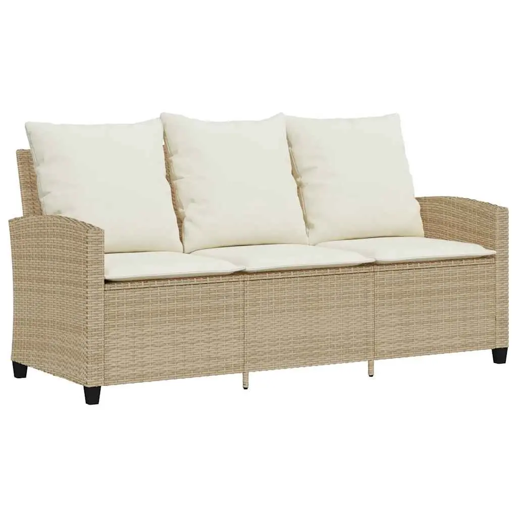 Garden Sofa 3-Seater Beige with Cushions and Acacia Wood Table Outdoor Furniture