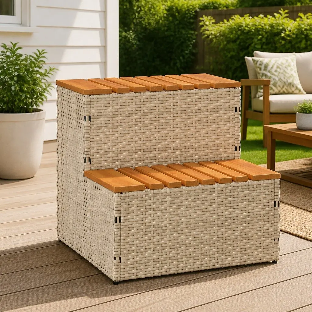 Hot Tub Step Beige 50x50x50.5cm PE Rattan Wood Outdoor Pool Entry Stool