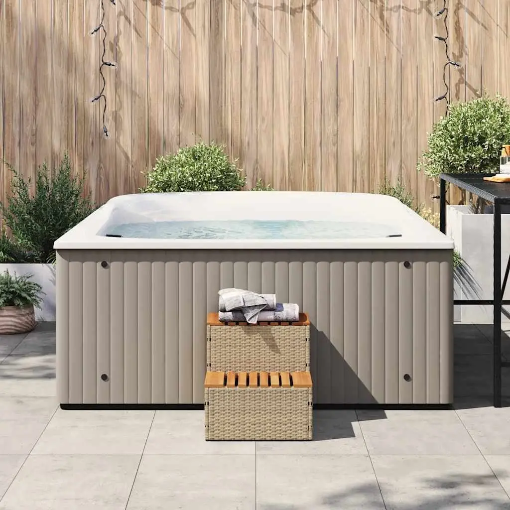 Hot Tub Step Beige 50x50x50.5cm PE Rattan Wood Outdoor Pool Entry Stool