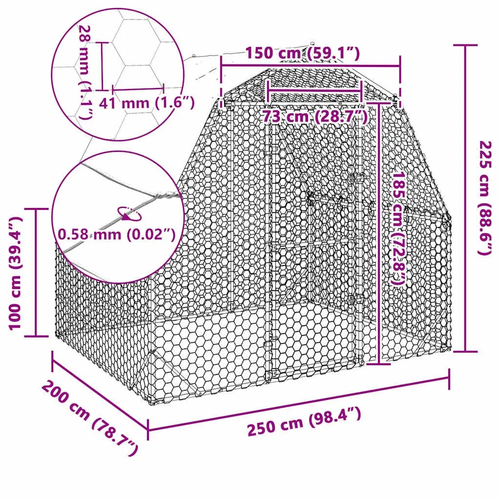 Chicken Run Silver 2.5x2x2.25m Walk-In Coop Enclosure Hexagonal Mesh