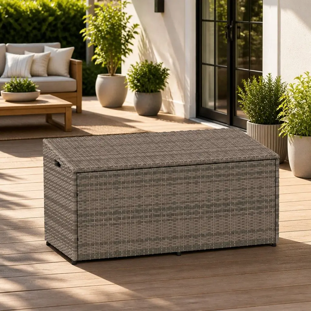 Garden Storage Box Grey PE Rattan Outdoor Furniture with Gas Spring Lid and Water-Resistant Internal Storage Bag