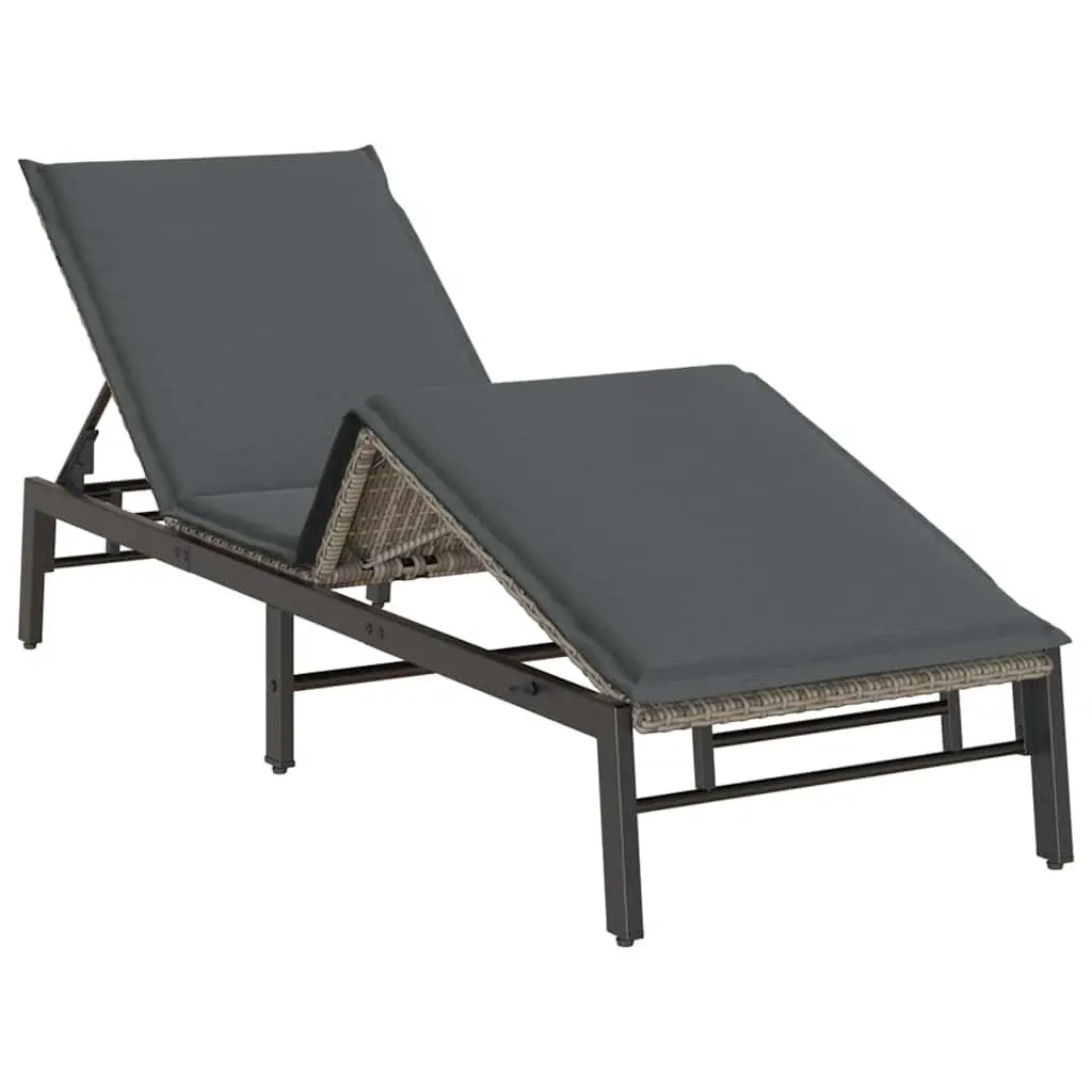 Sun Lounger Grey Poly Rattan Outdoor Furniture Adjustable Backrest Patio Lounge