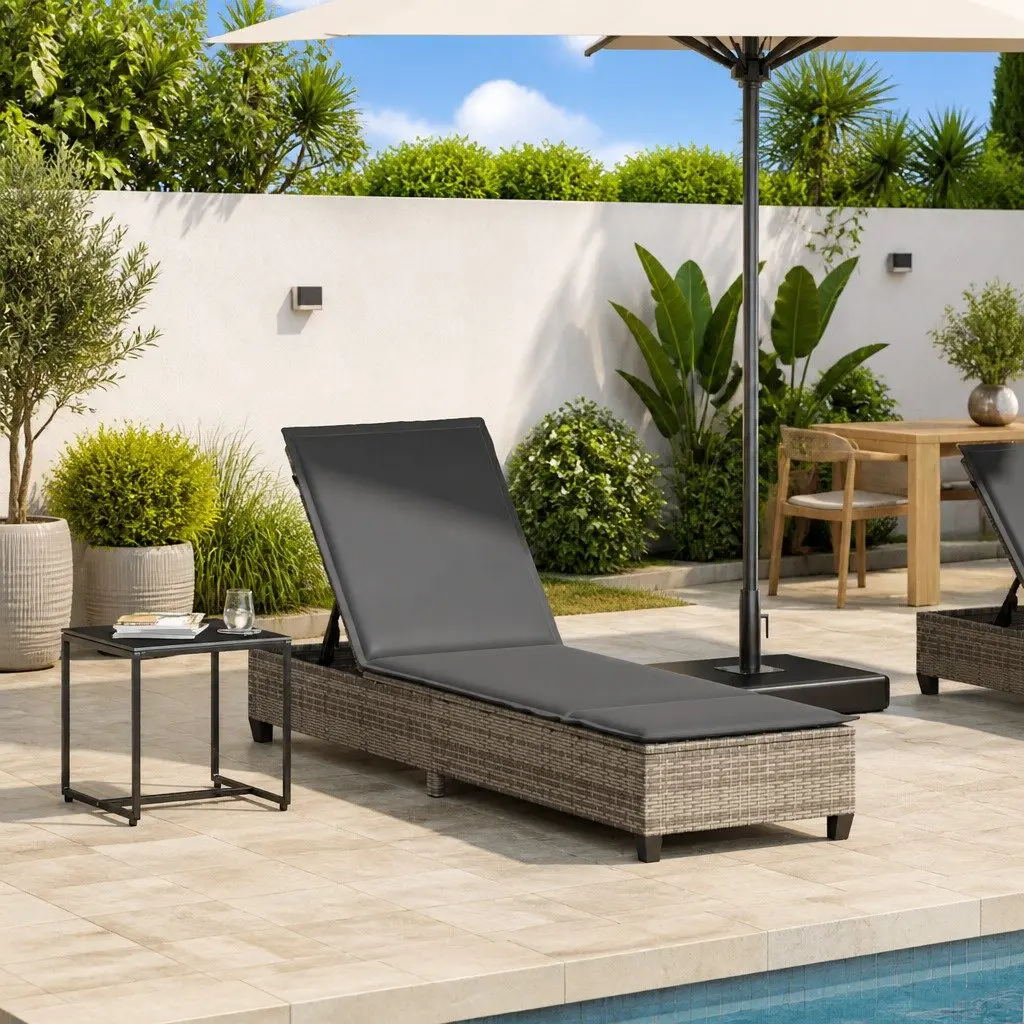 Adjustable Recliner Sun Lounger Grey Poly Rattan Outdoor Garden Furniture 55x200x25.5cm