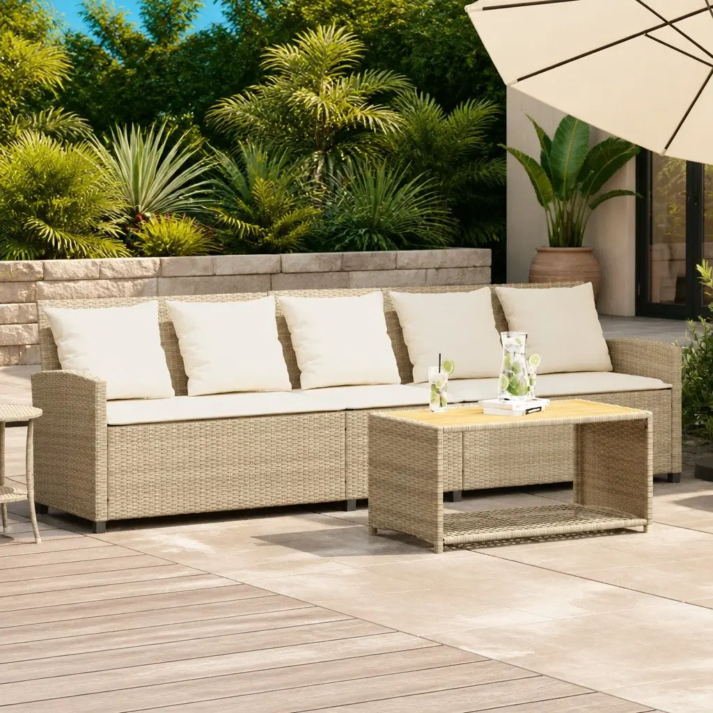 Garden Sofa Beige 5-Seater Poly Rattan Outdoor Lounge Set with Cushions
