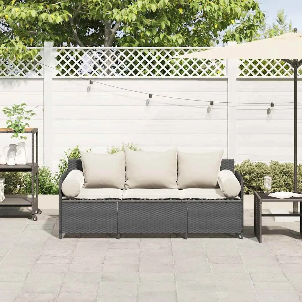 3-Seater Garden Sofa Black Cushioned Outdoor Rattan Patio Lounge Chair