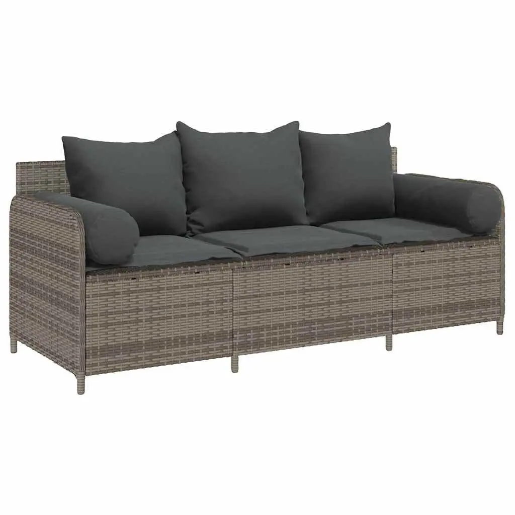 Garden Sofa Grey 3-Seater Poly Rattan Outdoor Couch with Cushions