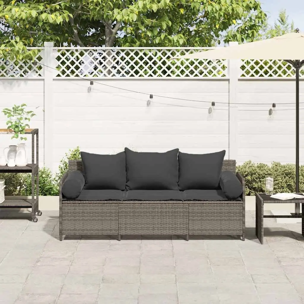 Garden Sofa Grey 3-Seater Poly Rattan Outdoor Couch with Cushions