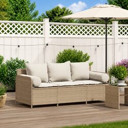 Outdoor Garden Sofa 3-Seater with Cushions Poly Rattan Beige Patio Furniture
