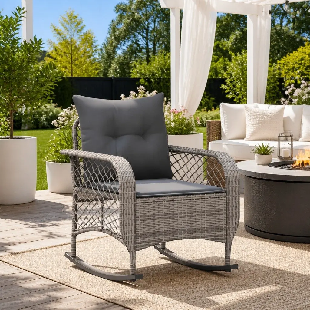 Garden Rocking Chair with Cushions Grey Poly Rattan Outdoor Seating Relaxation