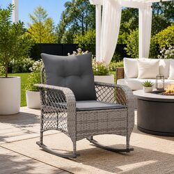 Compact Grey Rocking Chair with Cushions for Outdoor Enjoyment