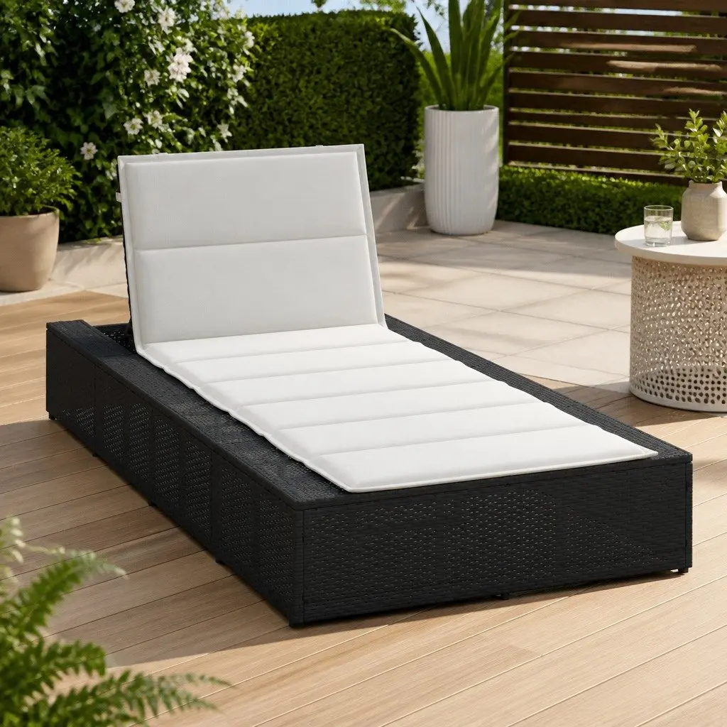 Sun Lounger Black Adjustable Backrest Floating Cushion PE Rattan Outdoor Furniture